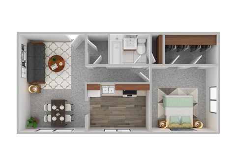 a bedroom floor plan with a bathroom and a living room